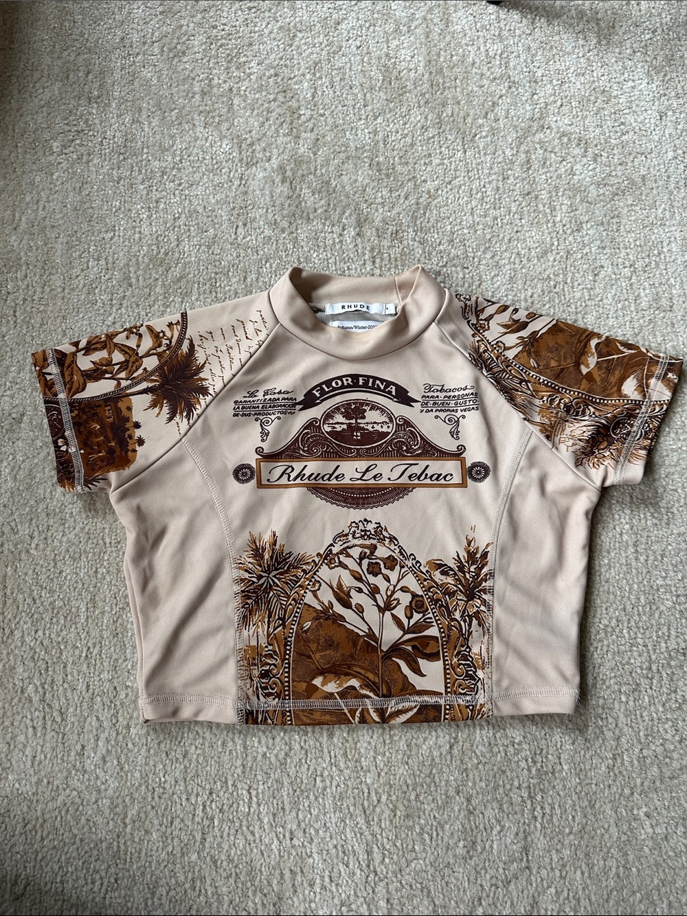 Rhude Beige Crop Top with Brown Botanical Graphics
